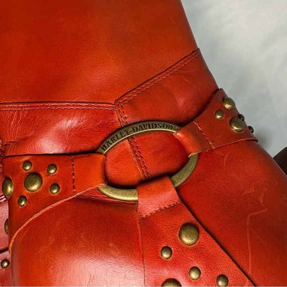 Vintage Harley Davidson Women’s 7.5 Burnt Orange Harness Heeled Boots Side Zip - Picture 11 of 14